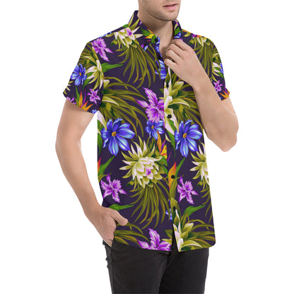 Water Lily Pattern Print Design WL08 Men's Short Sleeve Button Up Shirt