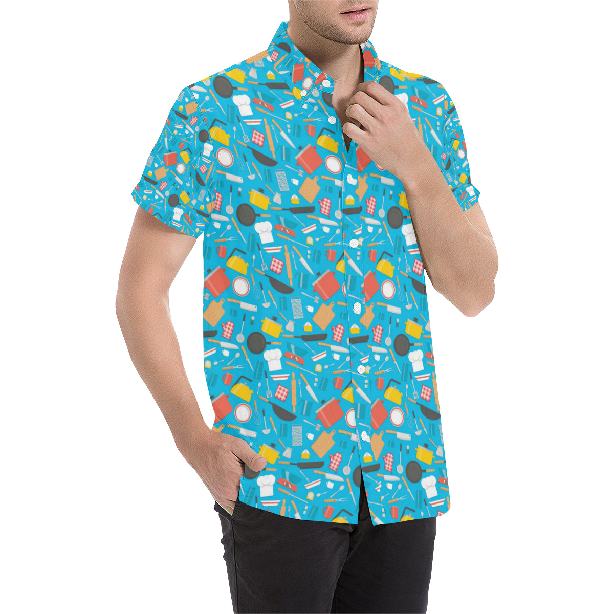 Cooking Kitchen Tools Pattern Print Design 03 Men's Short Sleeve Button Up Shirt