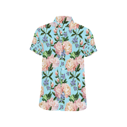 Peony Pattern Print Design PE02 Men's Short Sleeve Button Up Shirt