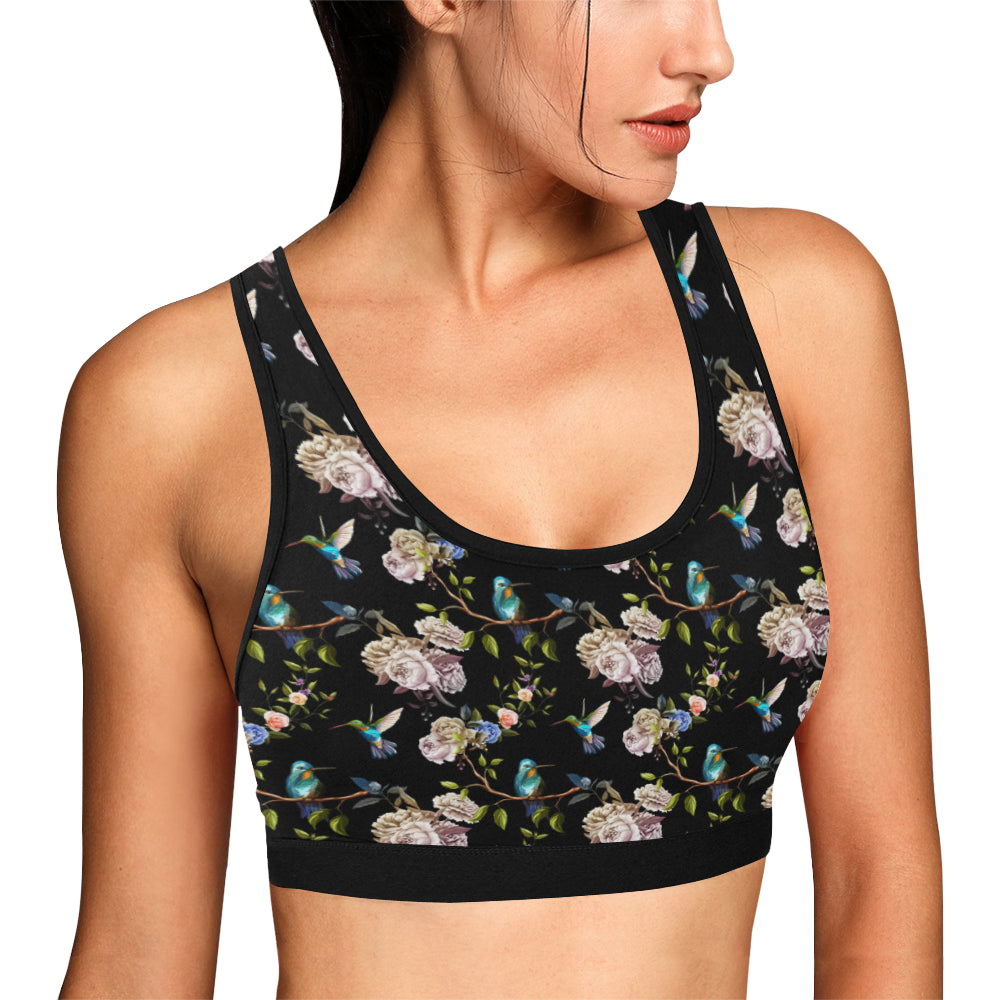 Hummingbird Flower Themed Print Sports Bra