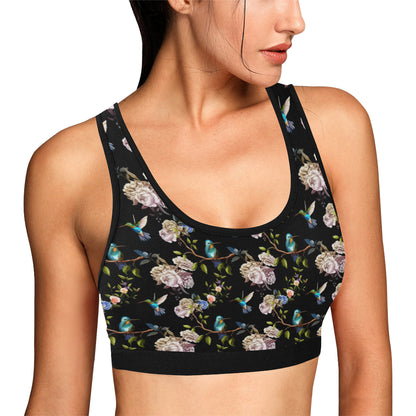 Hummingbird Flower Themed Print Sports Bra