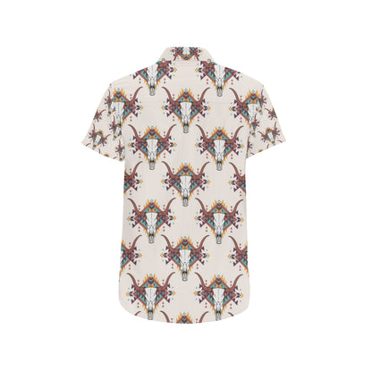 Buffalo Head Pattern Print Design 02 Men's Short Sleeve Button Up Shirt
