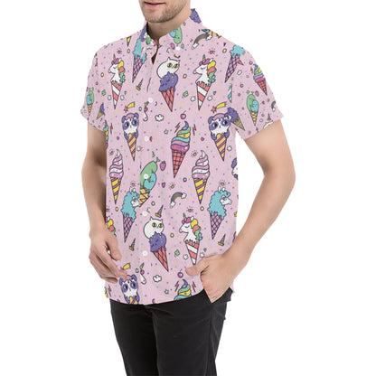 Ice Cream Pattern Print Design IC05 Men's Short Sleeve Button Up Shirt