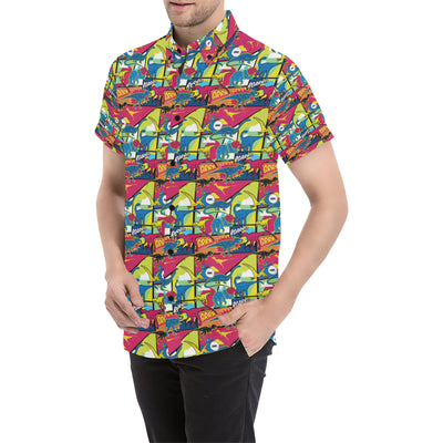 Dinosaur Comic Pop Art Style Men's Short Sleeve Button Up Shirt