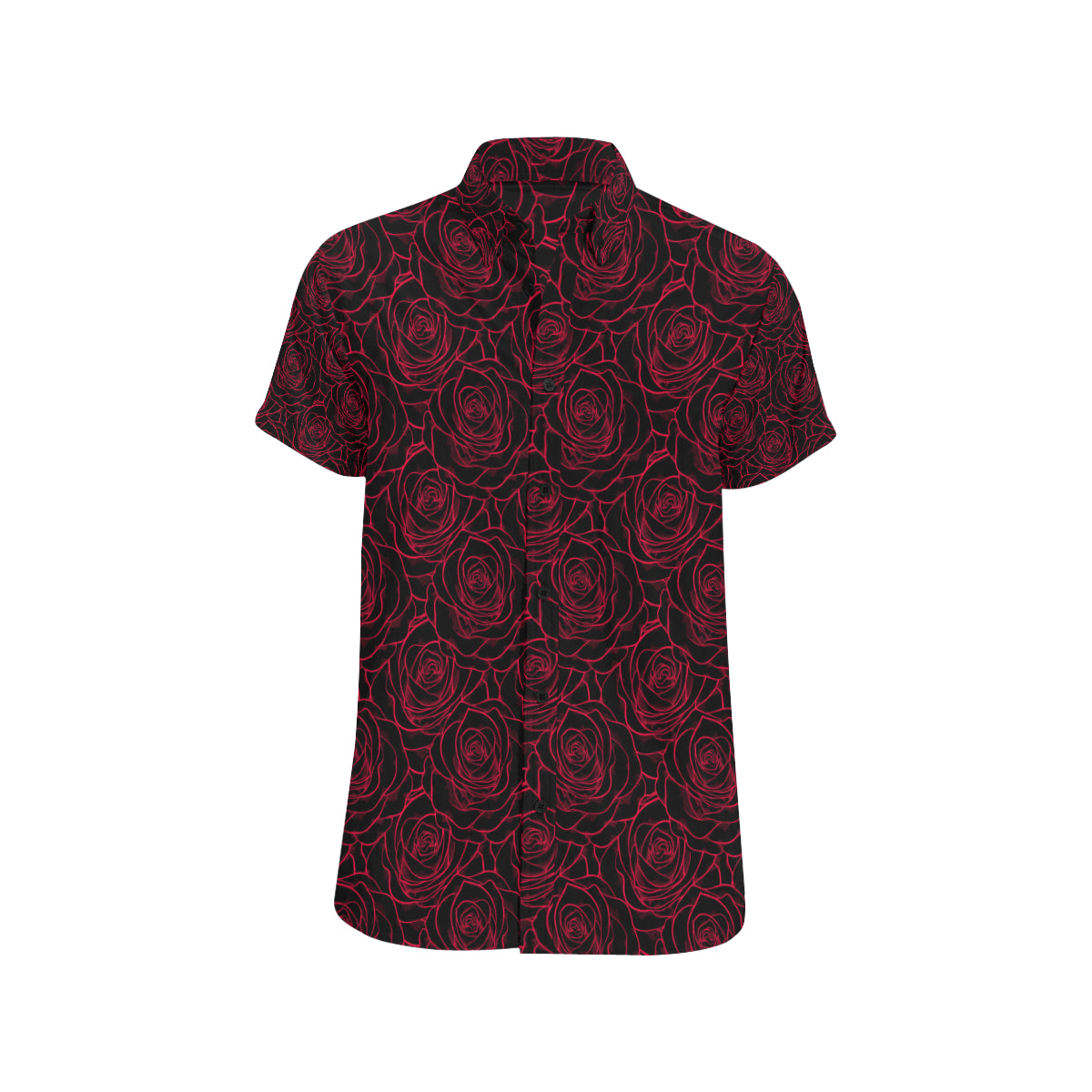 Red Rose Design Print Men's Short Sleeve Button Up Shirt