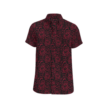 Red Rose Design Print Men's Short Sleeve Button Up Shirt