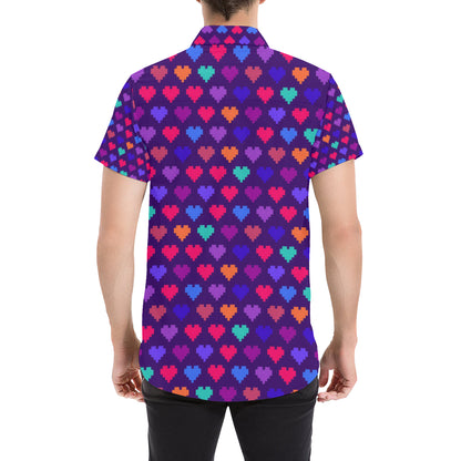 Heart Pixel Pattern Print Design HE03 Men's Short Sleeve Button Up Shirt