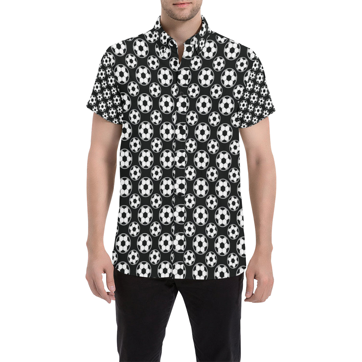 Soccer Ball Black Print Pattern Men's Short Sleeve Button Up Shirt