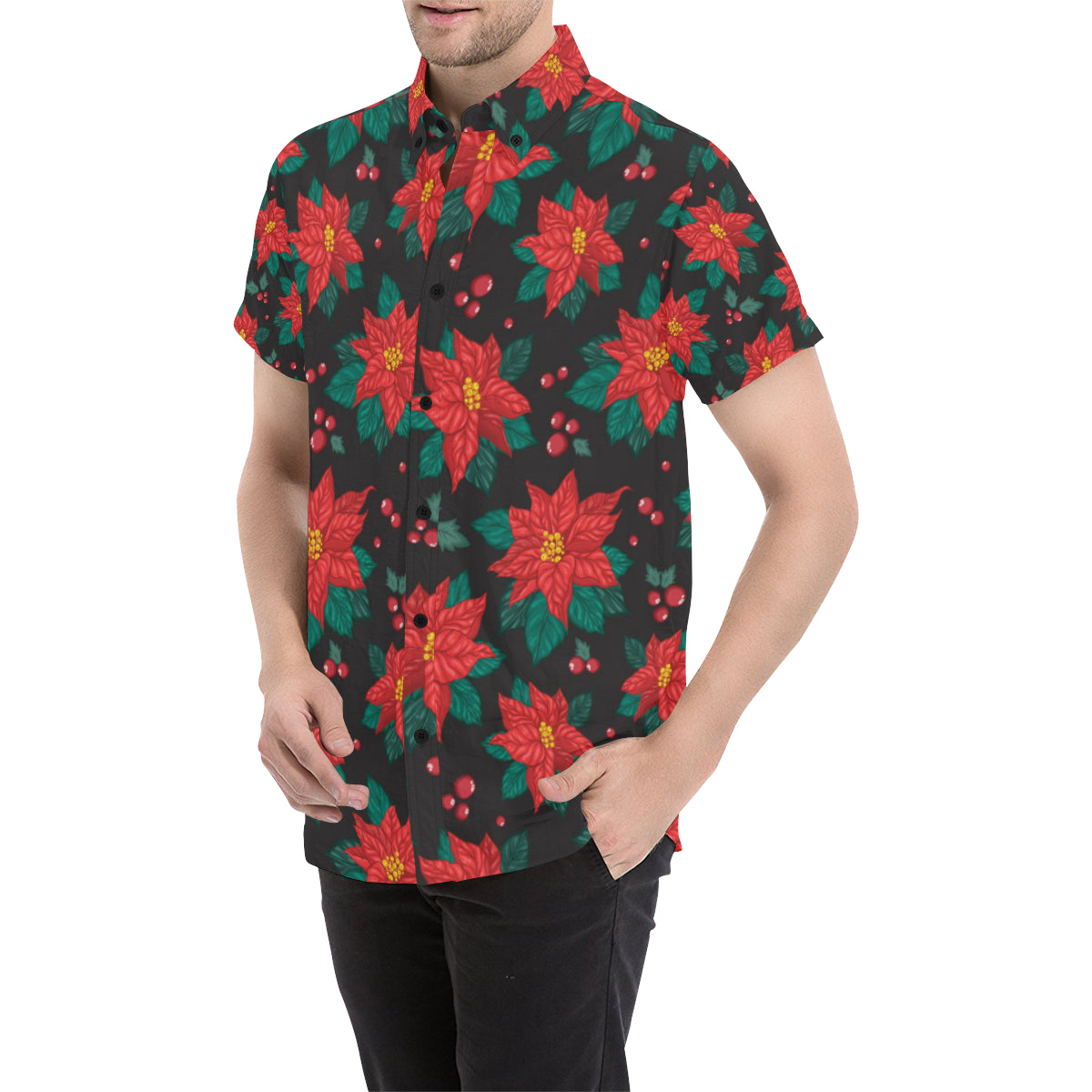 Poinsettia Pattern Print Design POT07 Men's Short Sleeve Button Up Shirt