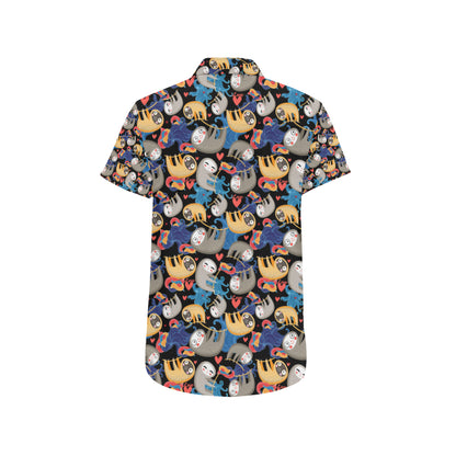 Sloth Cartoon Design Themed Print Men's Short Sleeve Button Up Shirt