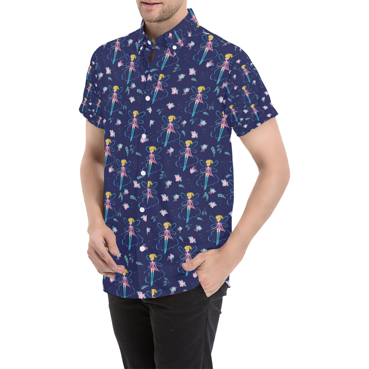 Fairy Cartoon Style Print Pattern Men's Short Sleeve Button Up Shirt