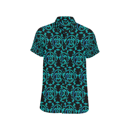turquoise Tribal Sea Turtle Hawaiian Men's Short Sleeve Button Up Shirt