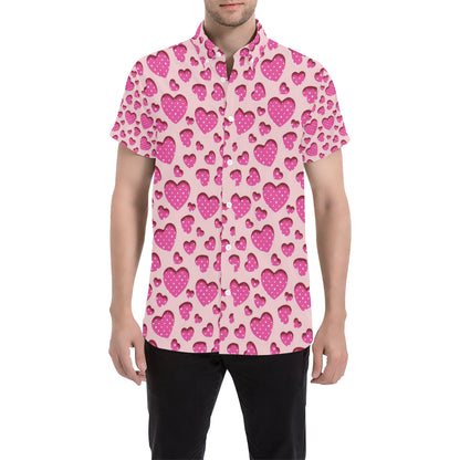 Heart Pink Pattern Print Design HE06 Men's Short Sleeve Button Up Shirt