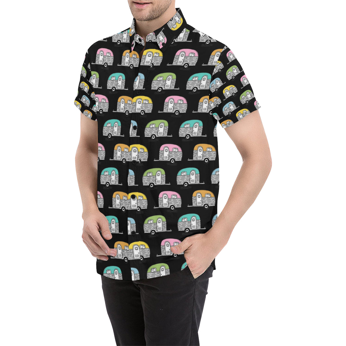 Camper Pattern Camping Themed No 2 Print Men's Short Sleeve Button Up Shirt