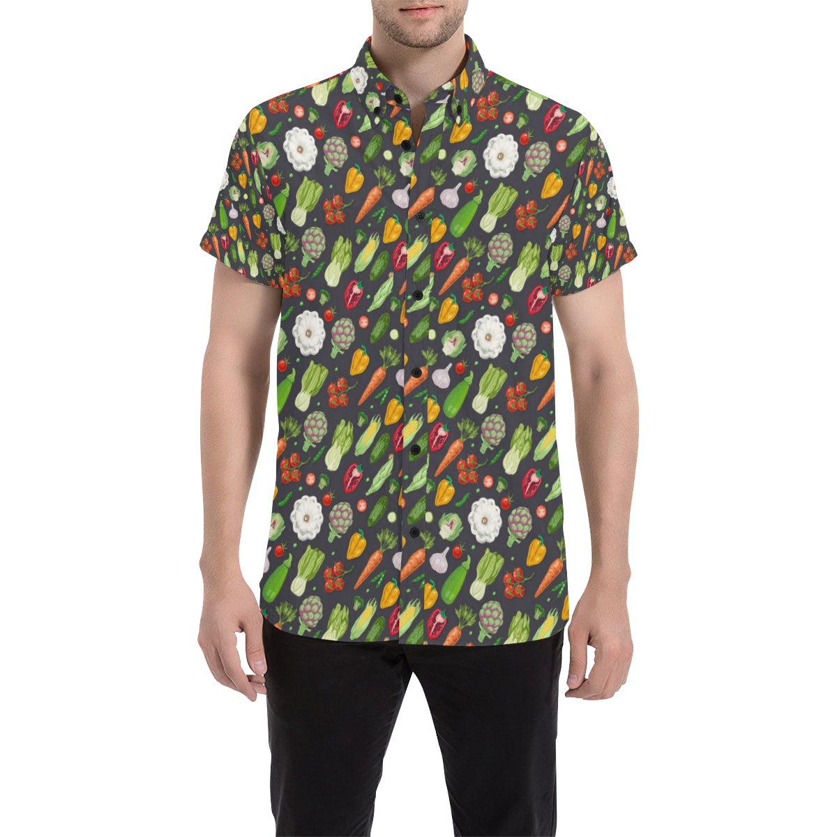 Vegan Pattern Themed Design Print Men's Short Sleeve Button Up Shirt
