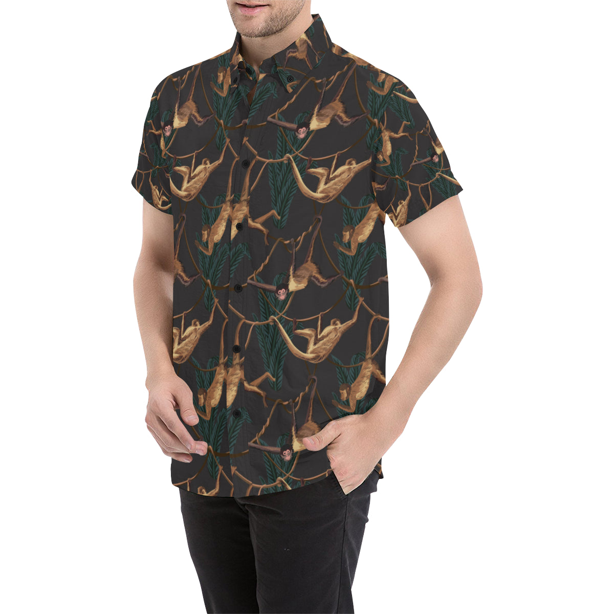 Monkey Pattern Print Design 02 Men's Short Sleeve Button Up Shirt