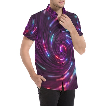 Vortex Twist Swirl Purple Neon Print Men's Short Sleeve Button Up Shirt