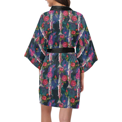 Barracuda with Folwer Pattern Print Design 01 Women's Short Kimono