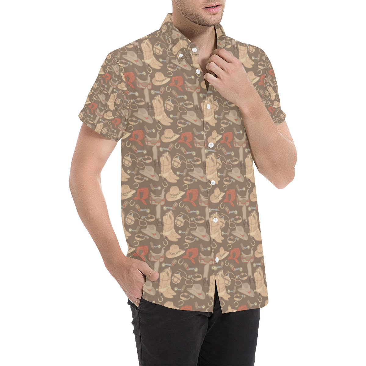 Cowboy Pattern Print Design 02 Men's Short Sleeve Button Up Shirt