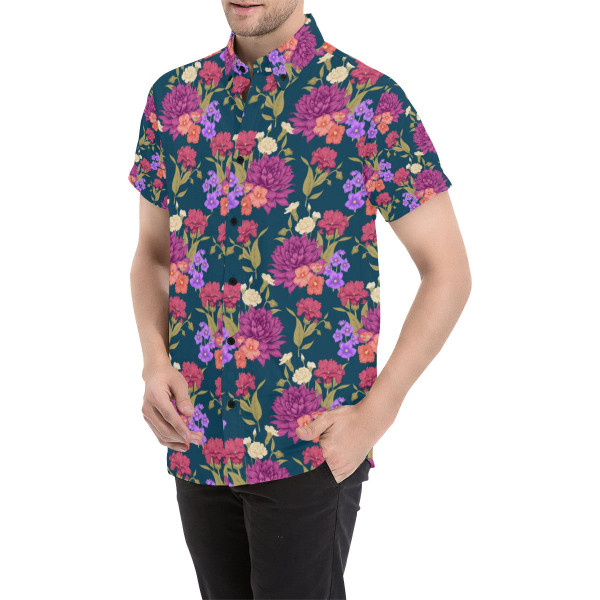 Dahlia Pattern Print Design DH01 Men's Short Sleeve Button Up Shirt