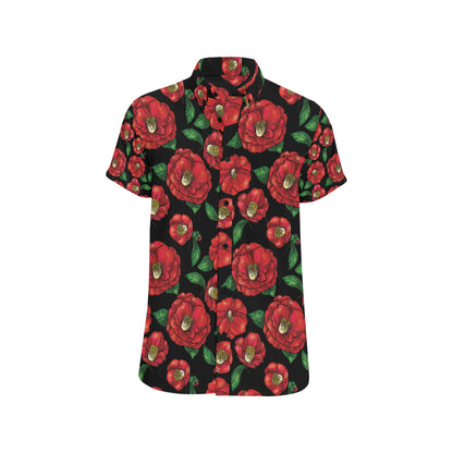 Camellia Pattern Print Design CM07 Men's Short Sleeve Button Up Shirt