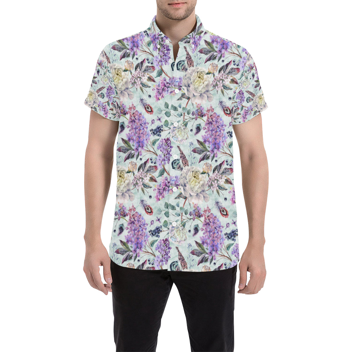 Lilac Pattern Print Design LI06 Men's Short Sleeve Button Up Shirt