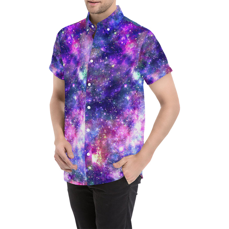 Galaxy Night Stardust Space Print Men's Short Sleeve Button Up Shirt