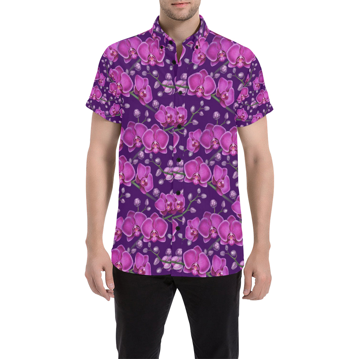 Orchid Purple Pattern Print Design OR02 Men's Short Sleeve Button Up Shirt