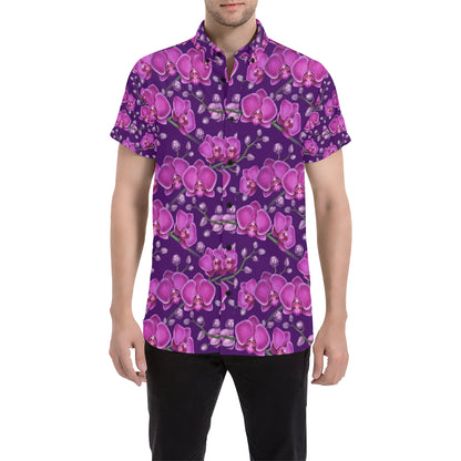 Orchid Purple Pattern Print Design OR02 Men's Short Sleeve Button Up Shirt