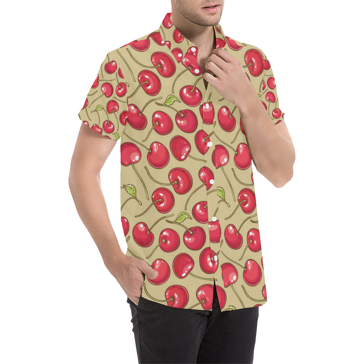 Cherry Pattern Print Design CH05 Men's Short Sleeve Button Up Shirt