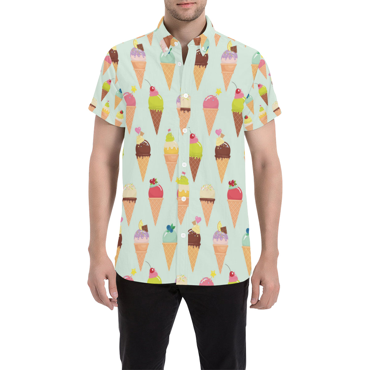 Ice Cream Pattern Print Design 03 Men's Short Sleeve Button Up Shirt
