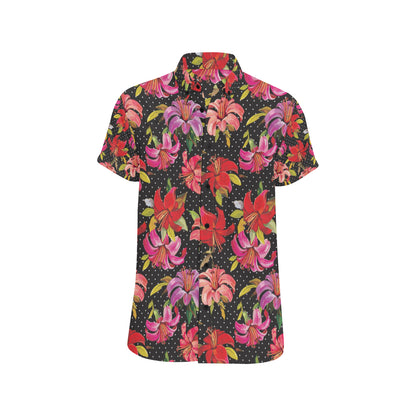 Lily Pattern Print Design LY012 Men's Short Sleeve Button Up Shirt