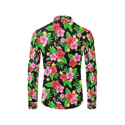 Pink Red Hibiscus Pattern Print Design HB023 Men's Long Sleeve Shirt
