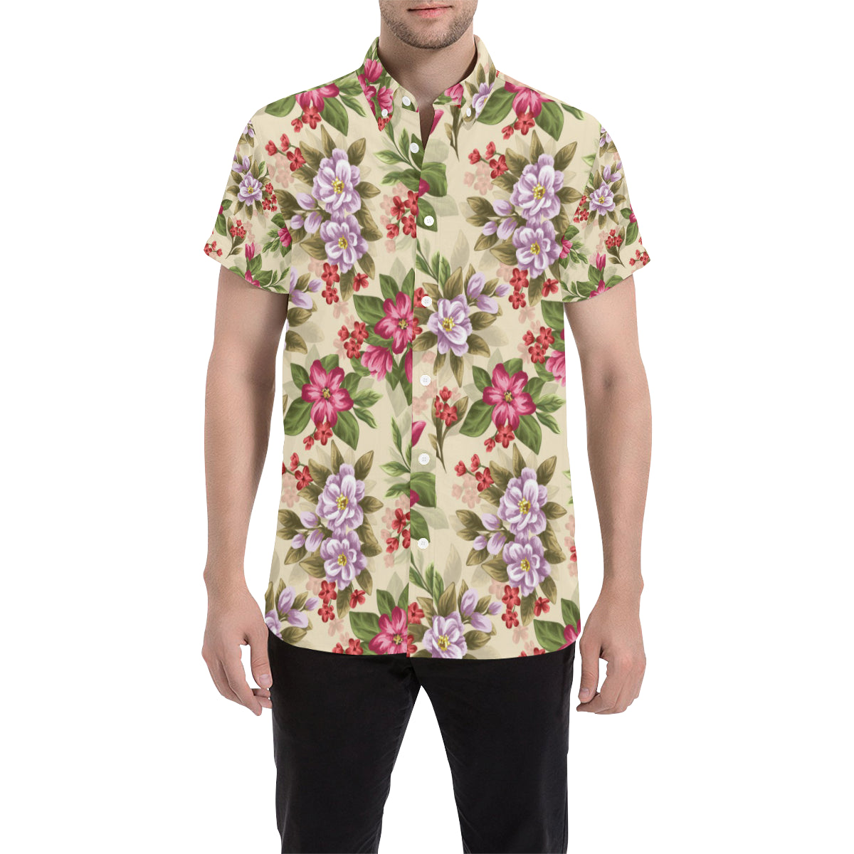 Summer Floral Pattern Print Design SF08 Men's Short Sleeve Button Up Shirt