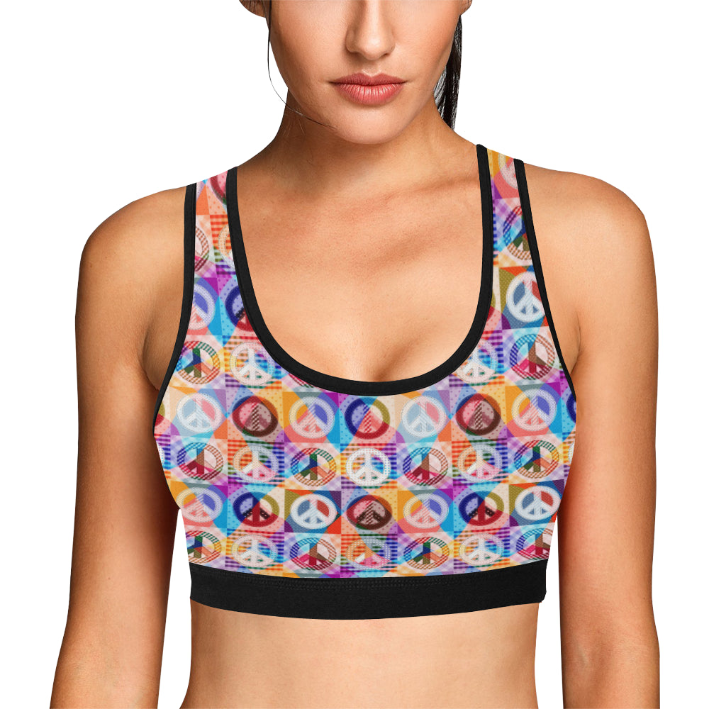 Peace Sign Patchwork Design Print Sports Bra