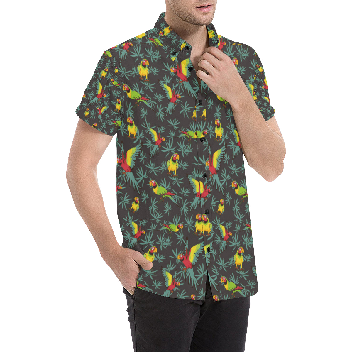 Parrot Themed Print Men's Short Sleeve Button Up Shirt