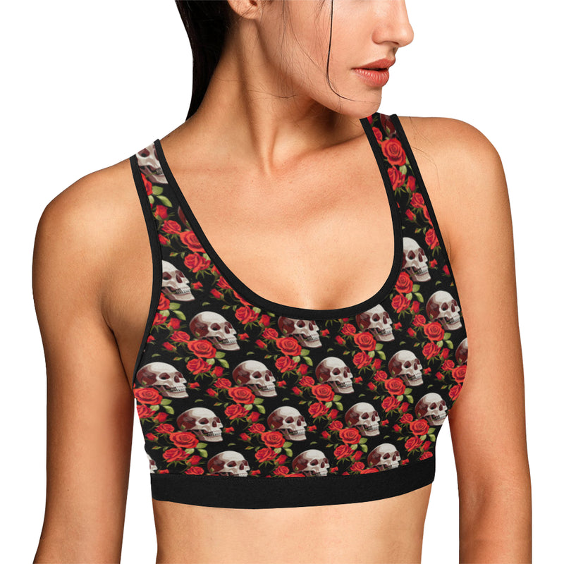 Red Rose Skull Design Print Sports Bra