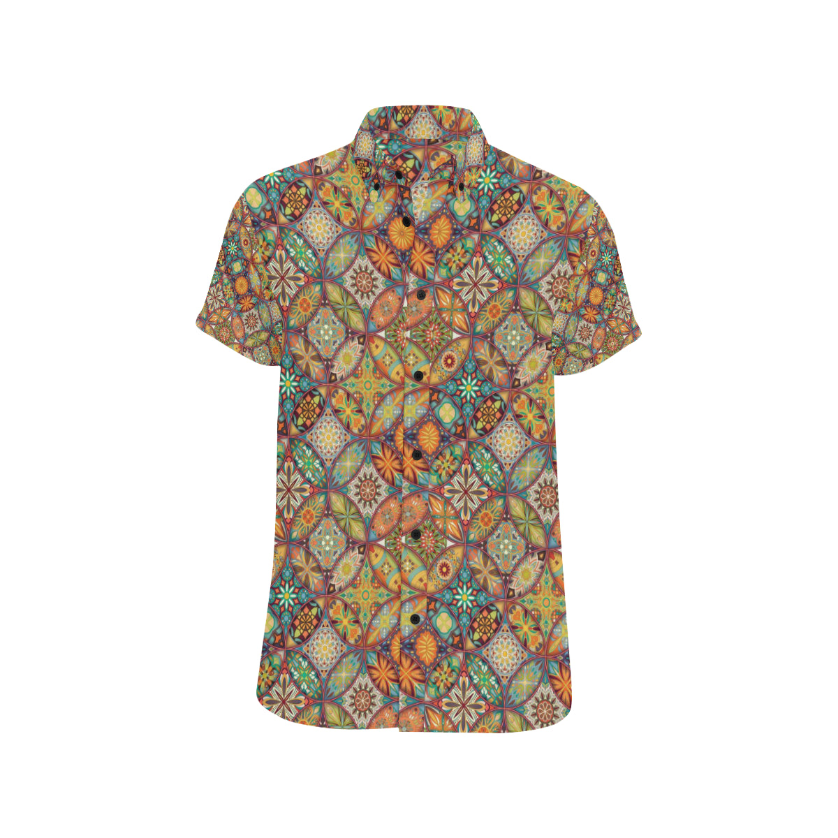 Mandala Flower Themed Design Print Men's Short Sleeve Button Up Shirt