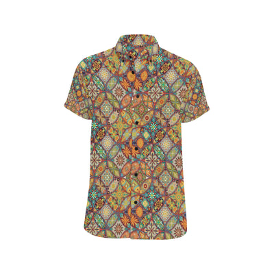 Mandala Flower Themed Design Print Men's Short Sleeve Button Up Shirt