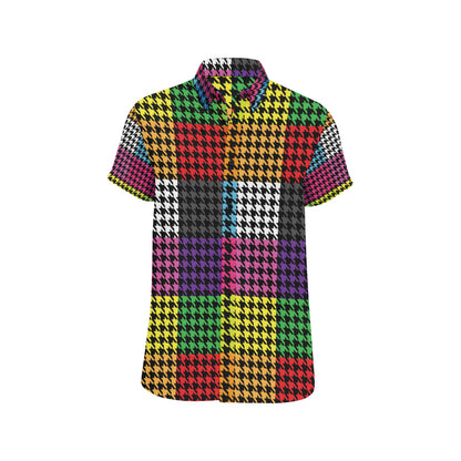 Houndstooth Colorful Pattern Print Design 01 Men's Short Sleeve Button Up Shirt