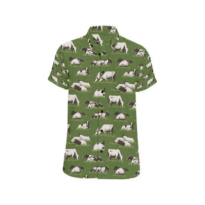 Cow on Grass Print Pattern Men's Short Sleeve Button Up Shirt