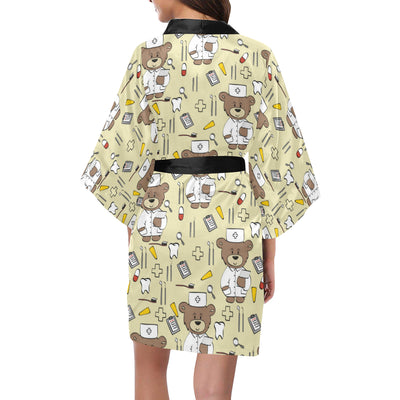 Nurse Bear Pattern Print Design A02 Women's Short Kimono