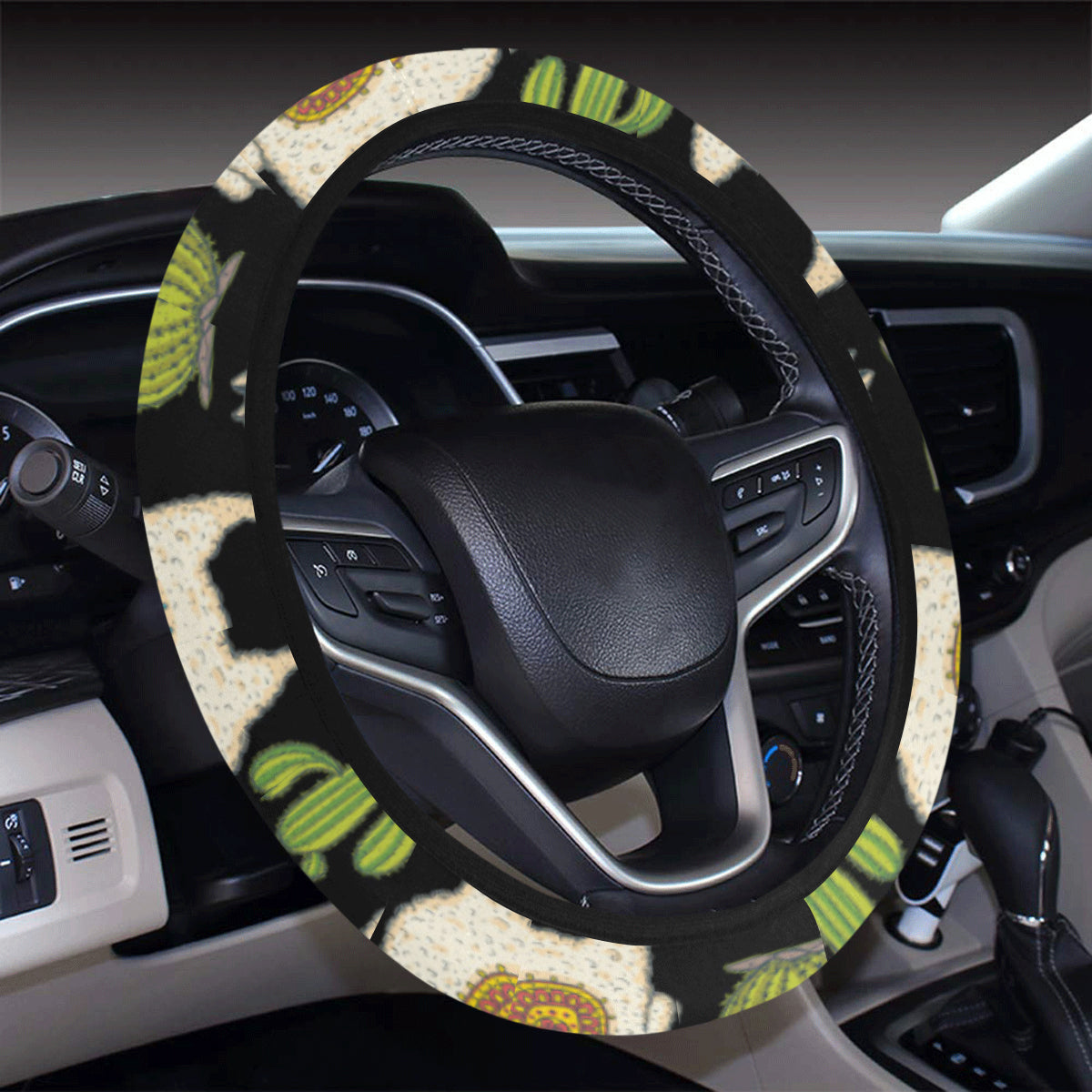 Alpaca Cactus Pattern Print Design 07 Steering Wheel Cover with Elastic Edge