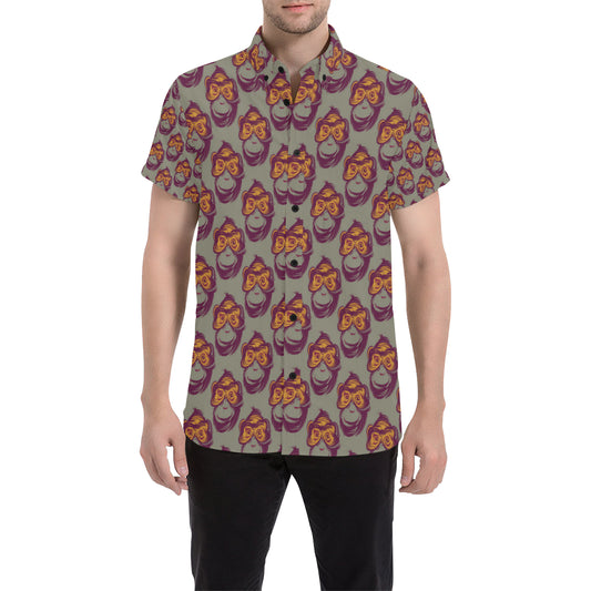 Chimpanzee Pattern Print Design 02 Men's Short Sleeve Button Up Shirt