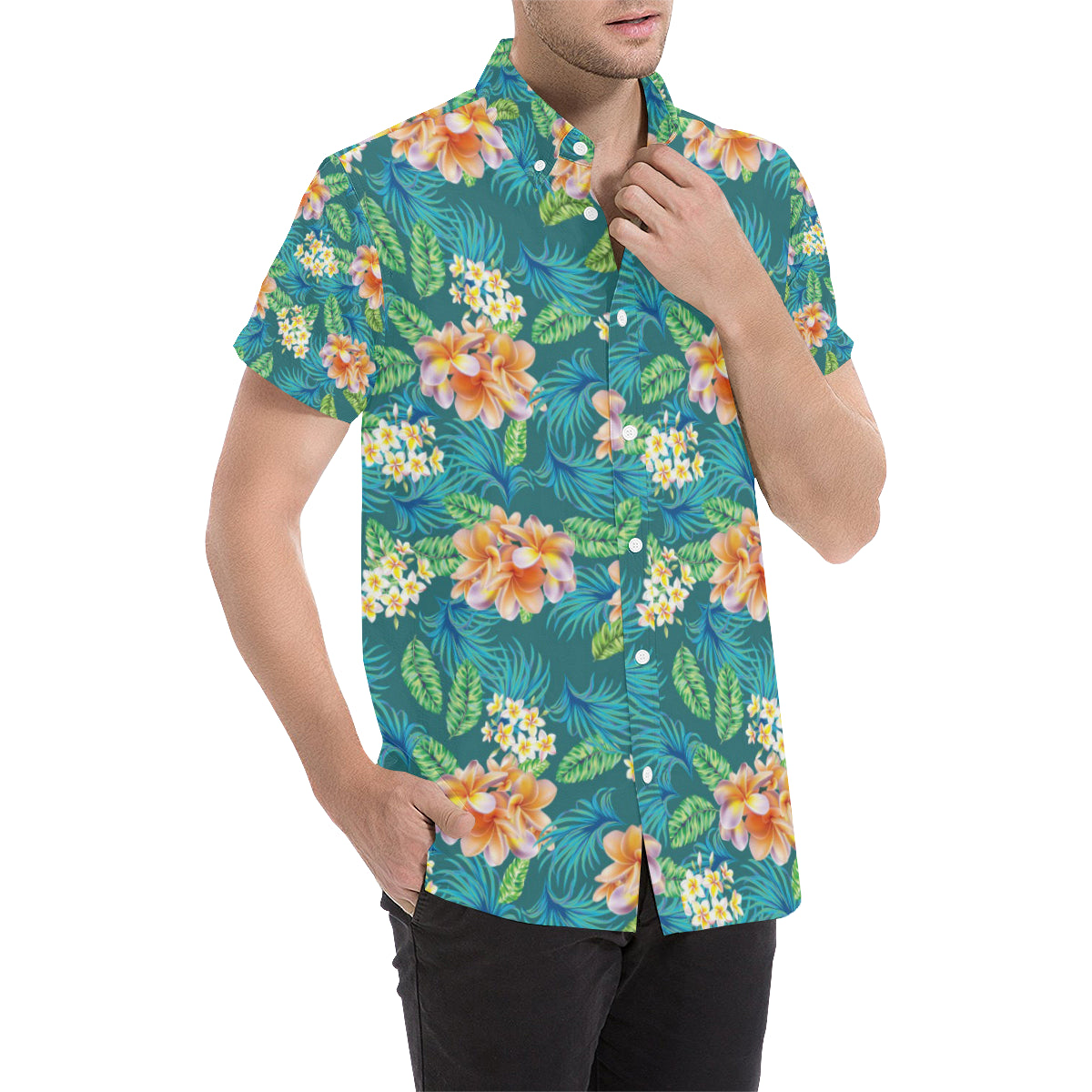 Plumeria Tropical Flower Design Print Men's Short Sleeve Button Up Shirt