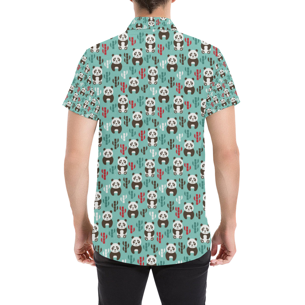 Panda Bear Cute Themed Print Men's Short Sleeve Button Up Shirt