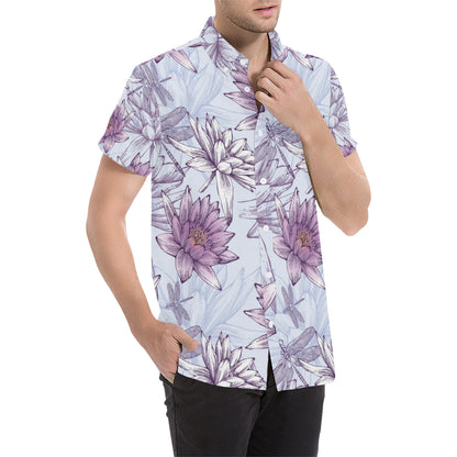 Water Lily Pattern Print Design WL01 Men's Short Sleeve Button Up Shirt