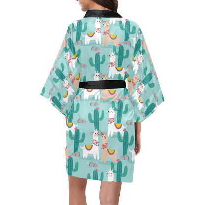 Llama Cactus Pattern Print Design 08 Women's Short Kimono