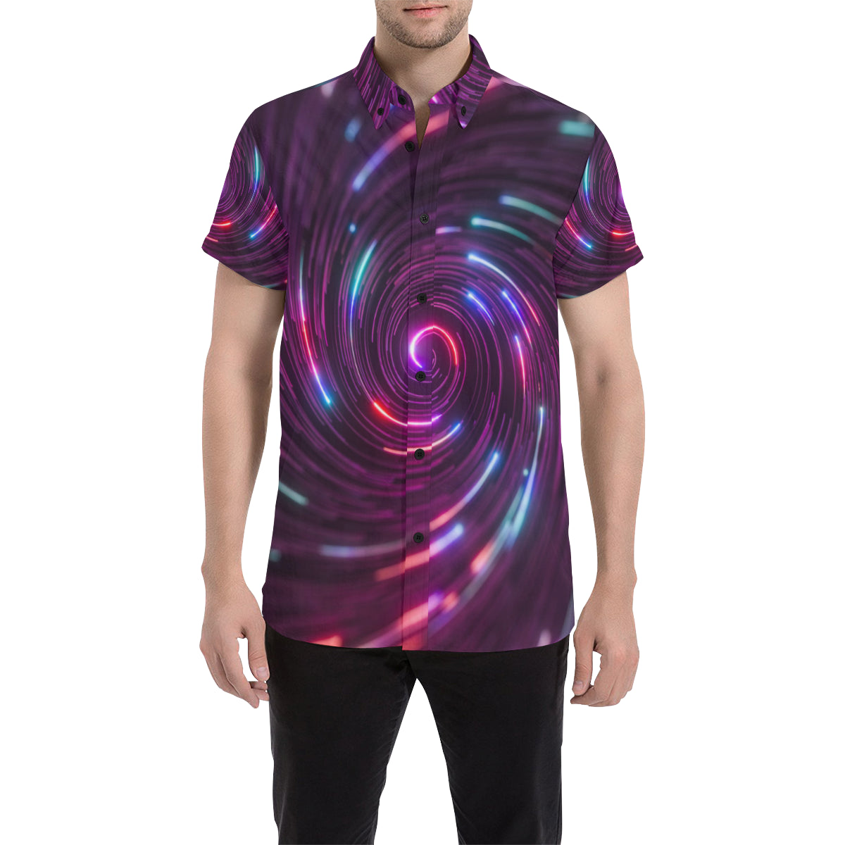 Vortex Twist Swirl Purple Neon Print Men's Short Sleeve Button Up Shirt