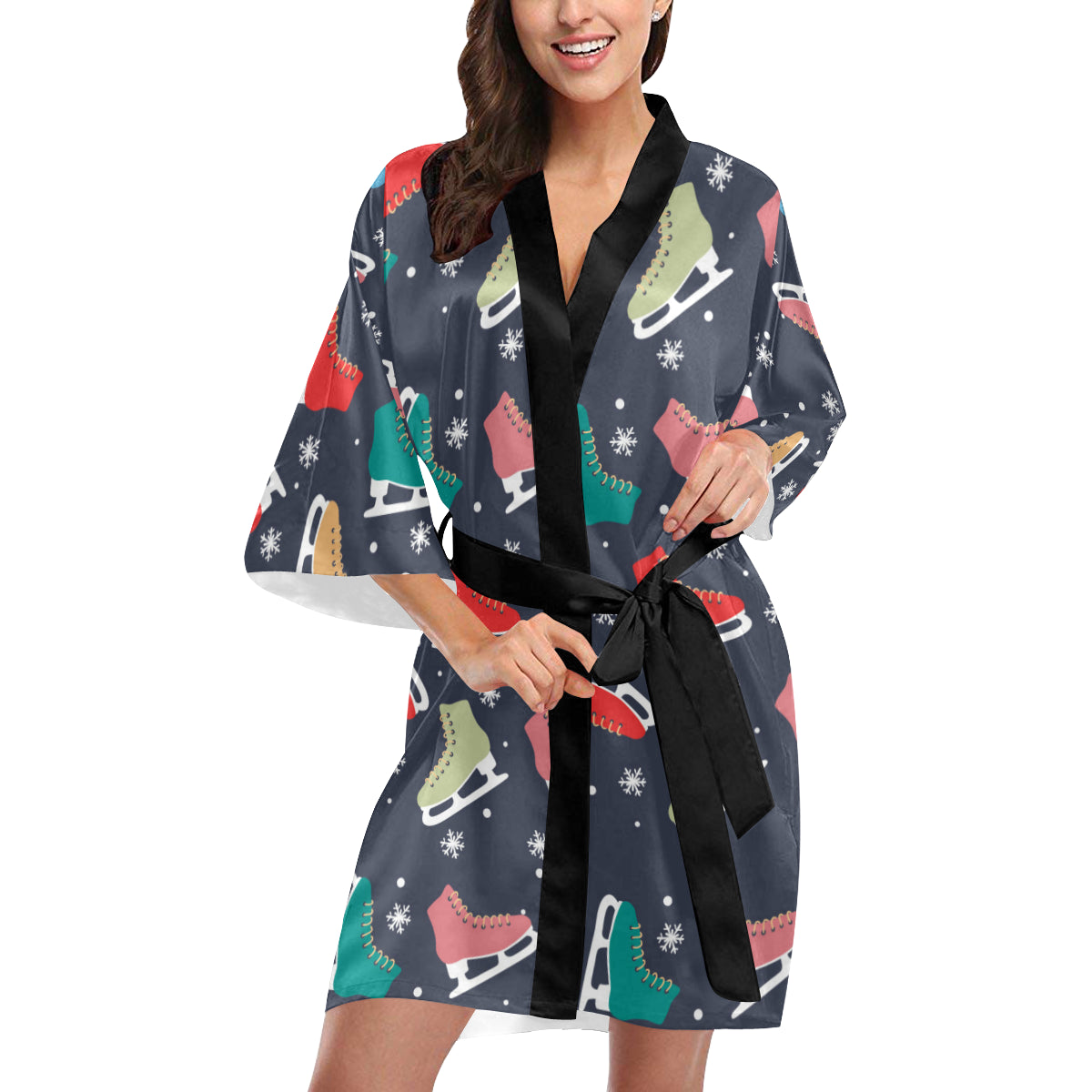 Ice Skate Pattern Print Design 04 Women's Short Kimono
